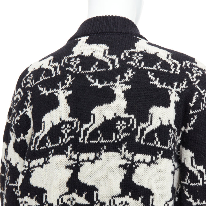 DRIES VAN NOTEN black white wool reindeer intarsia zip up jacket M