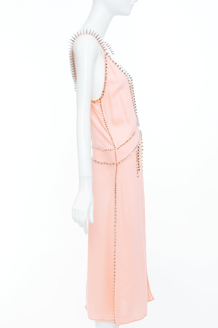 rare MIU MIU 2021 pink punk spike studded embellished plunge neck dress IT36 XXS
