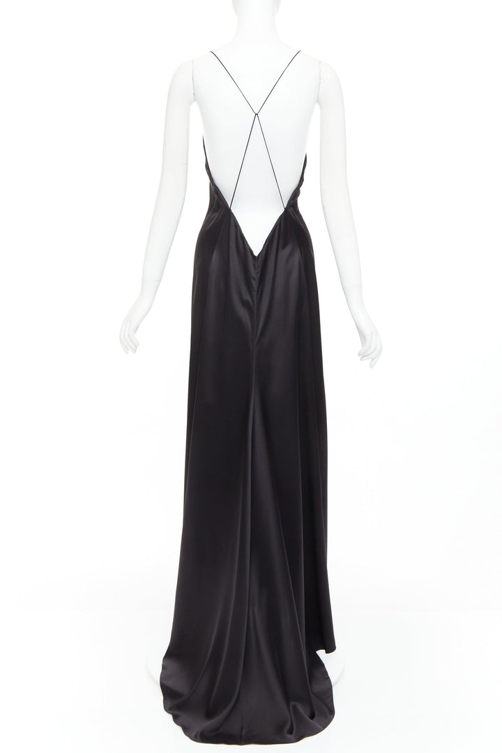SAINT LAURENT 2022 Runway black silk plunge open back high slit slip gown FR40 M
