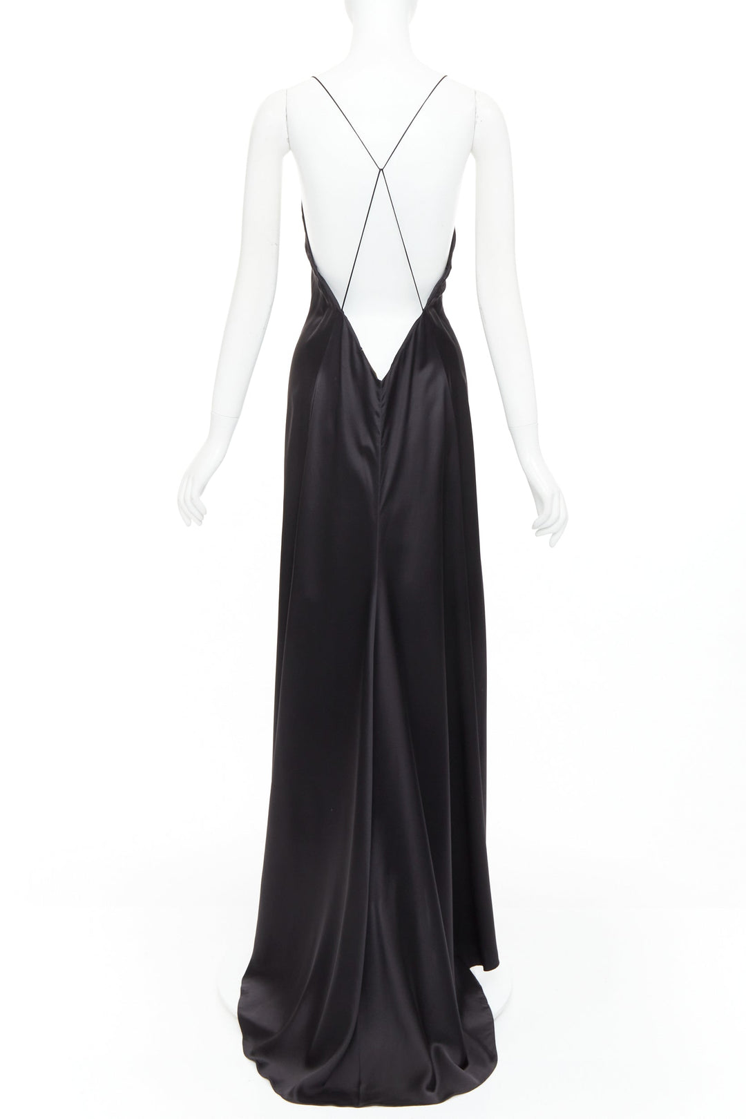 SAINT LAURENT 2022 Runway black silk plunge open back high slit slip gown FR38 M