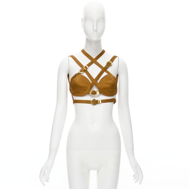 VERSACE 2019 Runway S&M Bondage Tribute brown silk gold buckle bra IT38 XS