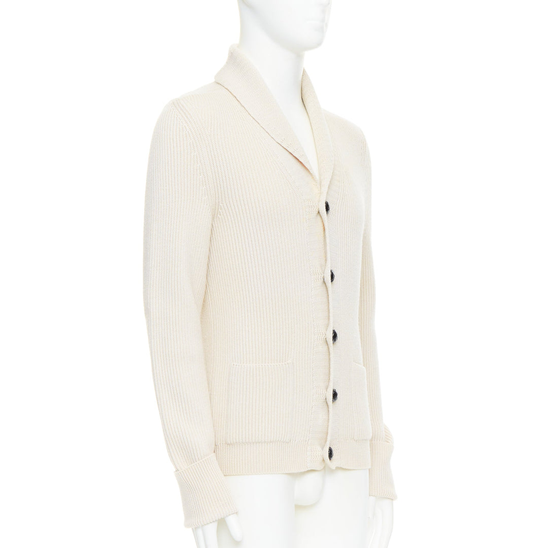 TOM FORD cream 100% wool ribbed shawl collar buttoned cardigan IT46 S