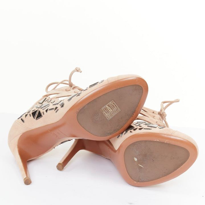 ALAIA 2014 Adelia blush pink suede geometric micro stud lace up booties EU36
