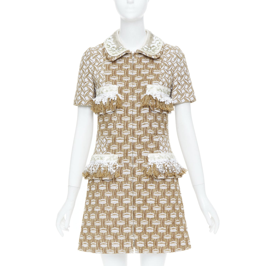 LOUIS VUITTON 2013 tan boucle tweed sequin fringe collar zip front dress FR40 L