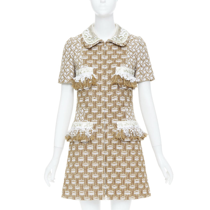 LOUIS VUITTON 2013 tan boucle tweed sequin fringe collar zip front dress FR40 L