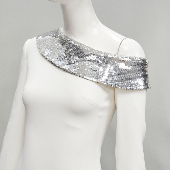 DAVID KOMA 2019 Runway silver sequins off shoulder scalloped hem dress UK6 XS