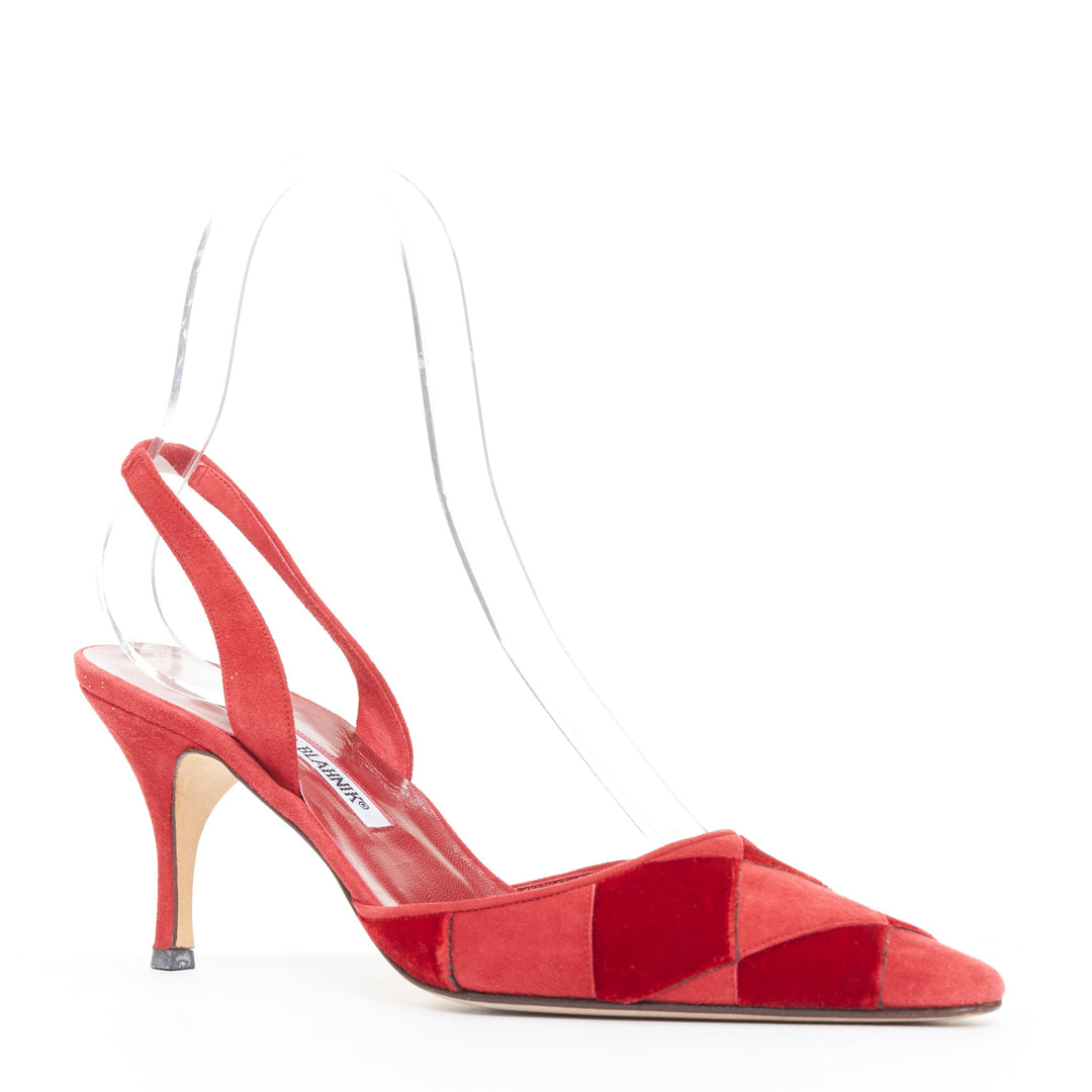 rare MANOLO BLAHNIK red suede harlequin check slingback pumps EU38