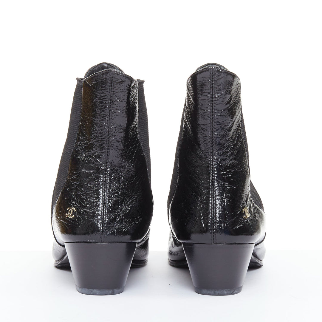 CHANEL 2019 Lami Fantasy black crinkled calfskin gold CC  chelsea boots EU39.5