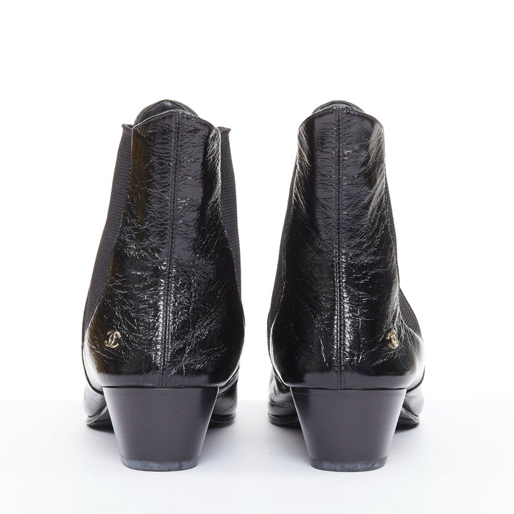 CHANEL 2019 Lami Fantasy black crinkled calfskin gold CC  chelsea boots EU39.5