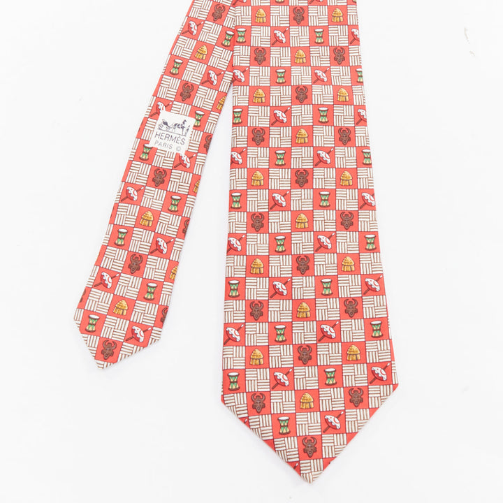 HERMES 7618 TA red brown aboriginal mask tribal drum print silk tie