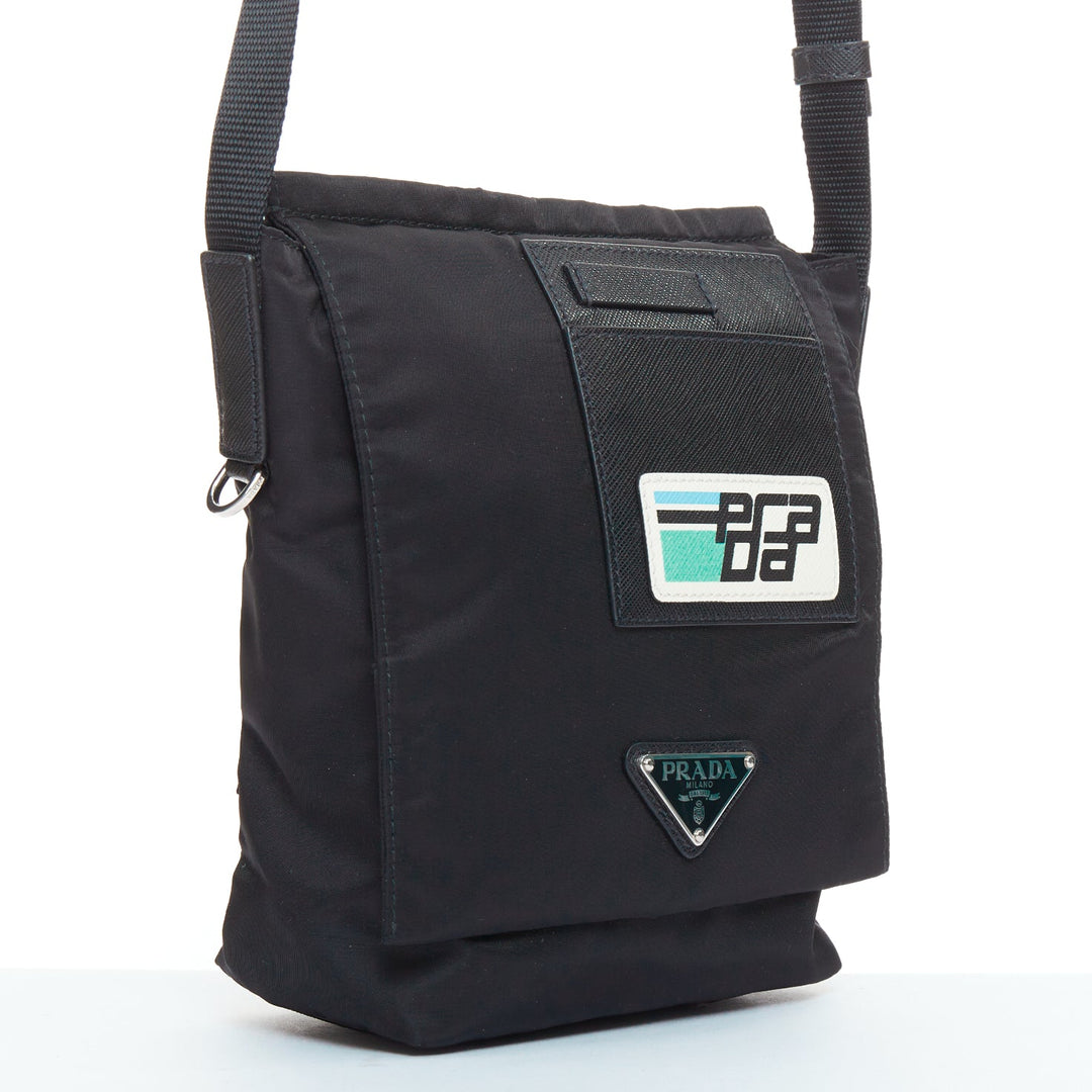 PRADA Racing black tessuto nylon saffiano leather patch logo flap messenger bag
