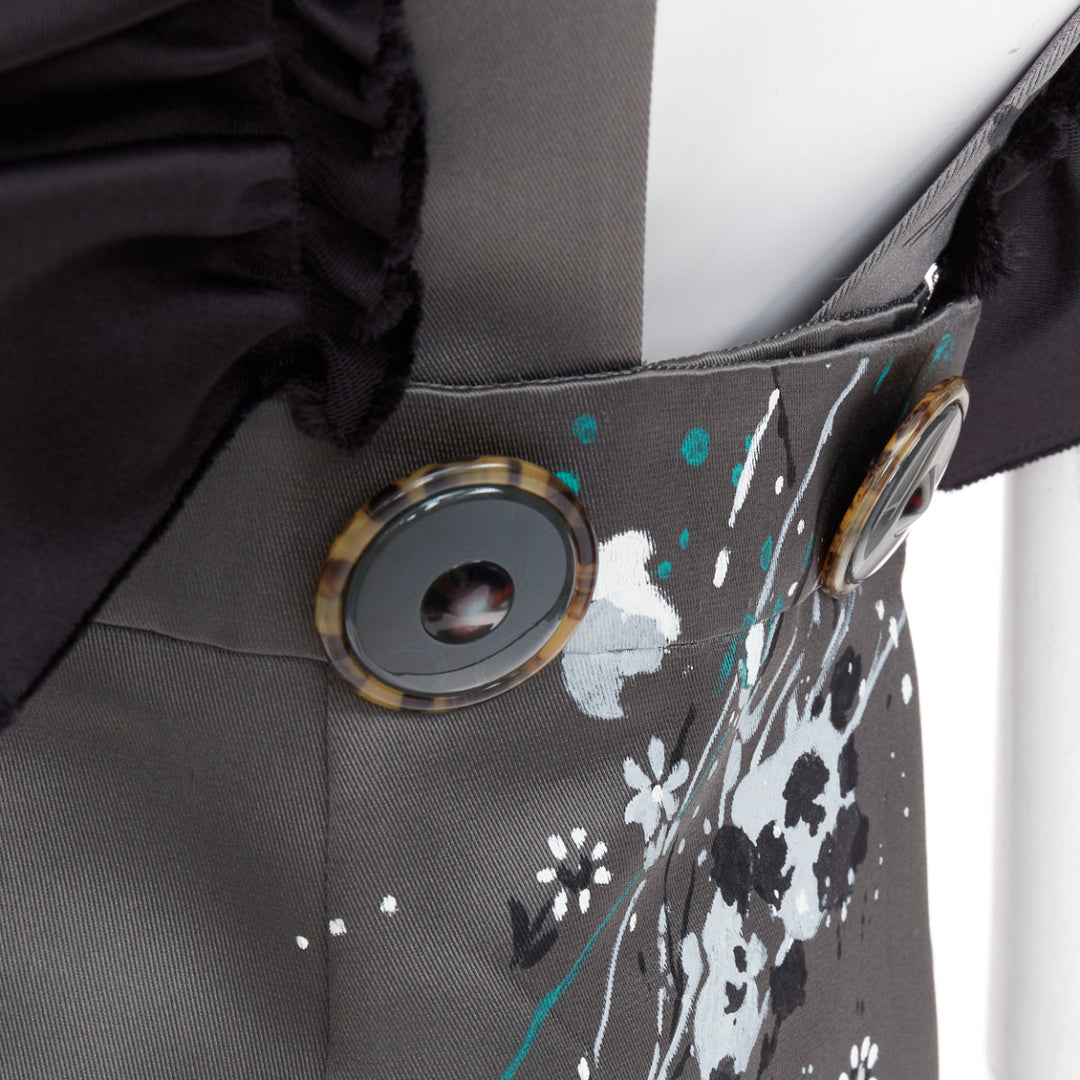 rare MIU MIU 2019 Runway grey black silk ruffle hand painted apron dress IT38 XS