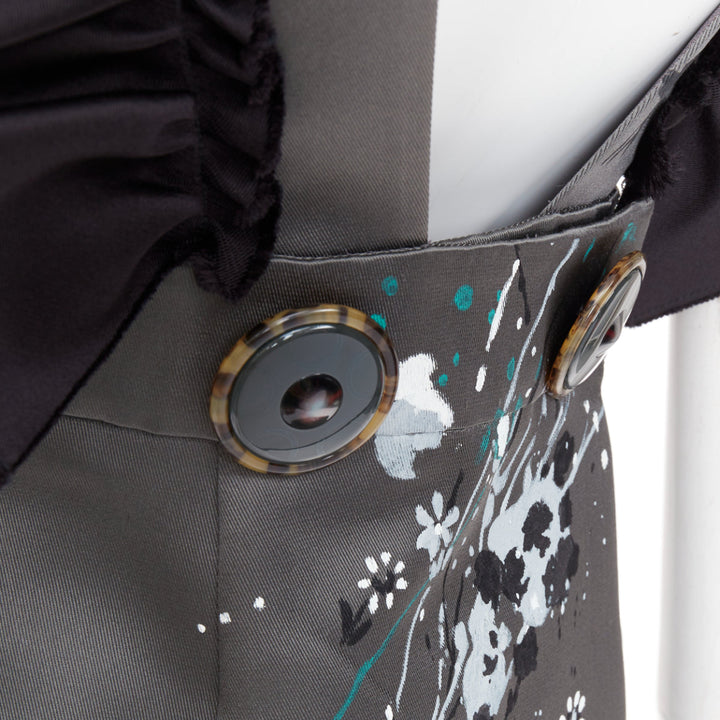 rare MIU MIU 2019 Runway grey black silk ruffle hand painted apron dress IT38 XS