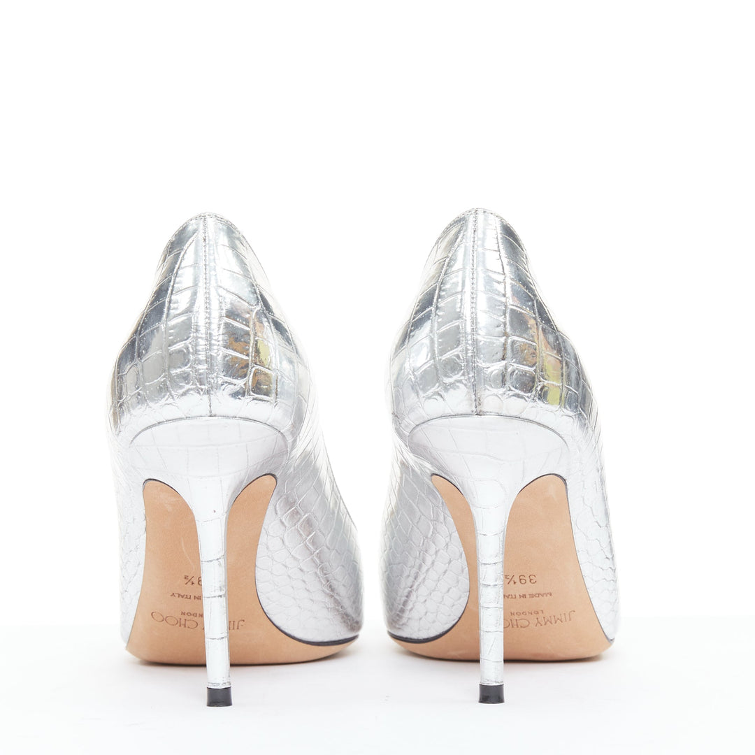JIMMY CHOO Love mirrored silver croc embossed leather pointy pumps EU39.5