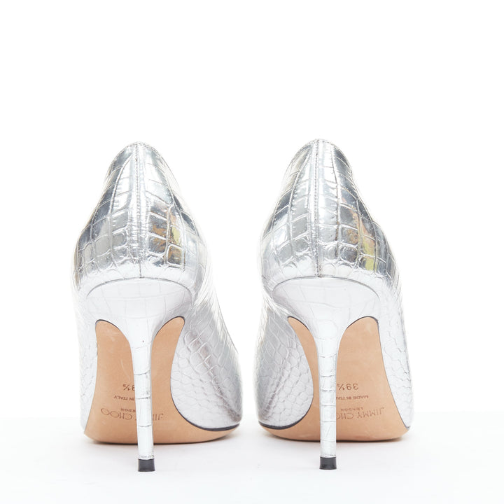 JIMMY CHOO Love mirrored silver croc embossed leather pointy pumps EU39.5