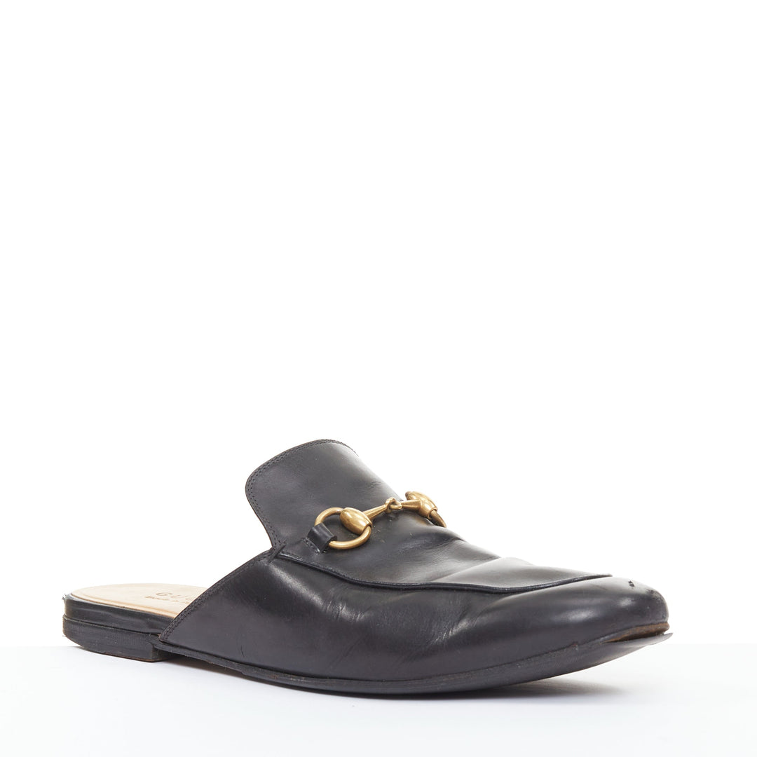GUCCI Princetown black smooth leather gold horsebit mule loafers UK8 EU42