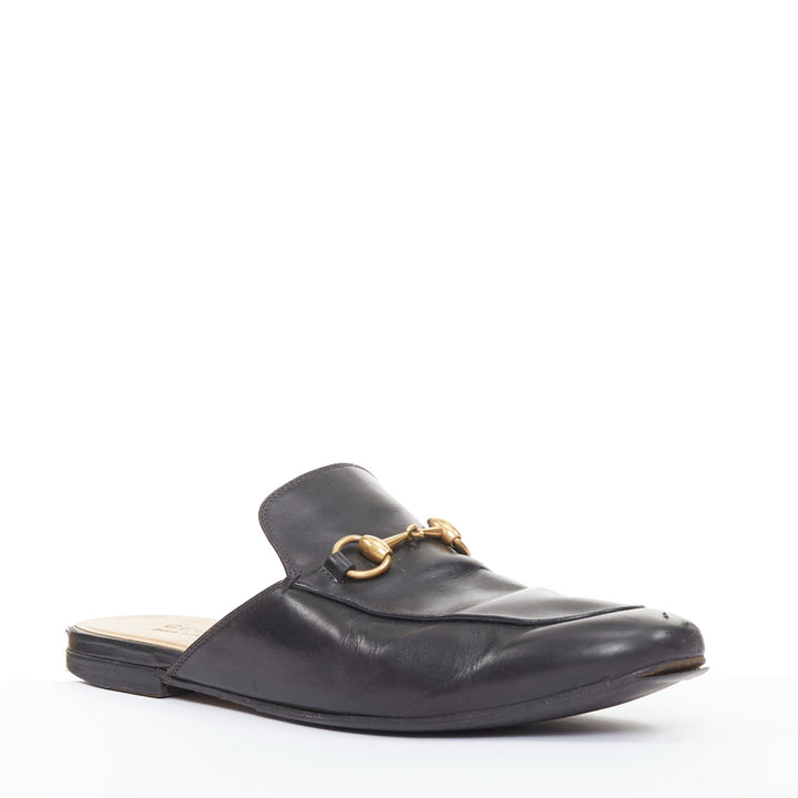 GUCCI Princetown black smooth leather gold horsebit mule loafers UK8 EU42