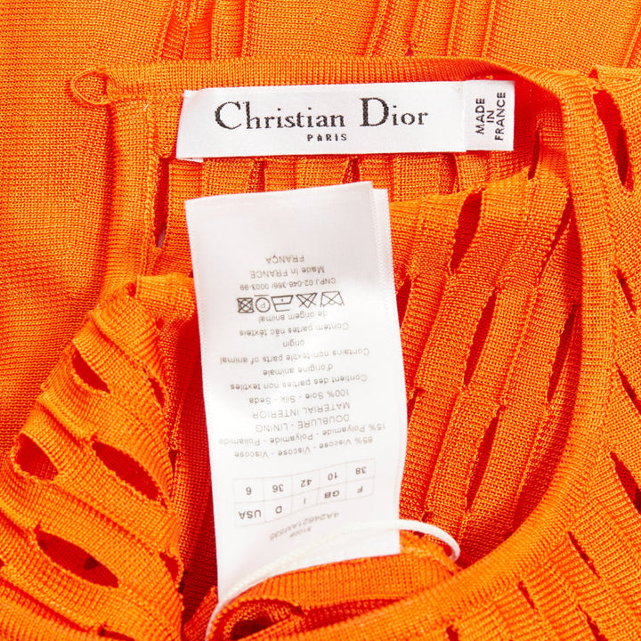 DIOR orange viscose blend perforated knit cream silk line fit flare dress FR38 M