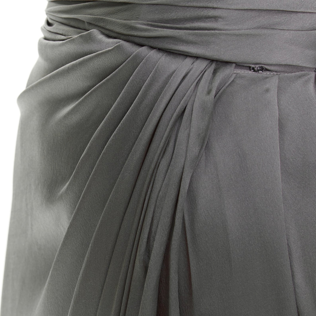 ALEXANDRE VAUTHIER COUTURE steel grey ruched draped strapless high slit gown