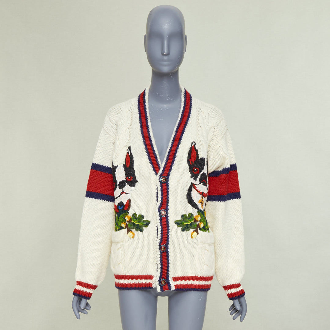 GUCCI 2018 Bosco Orso Year of Dog red cream wool needlepoint knit cardigan XXS