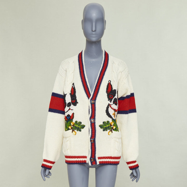 GUCCI 2018 Bosco Orso Year of Dog red cream wool needlepoint knit cardigan XXS