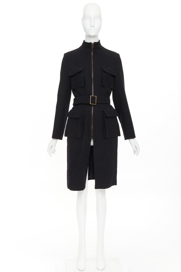 LANVIN 2003 black wool cargo pocket belted high neck zip front long coat FR36 S