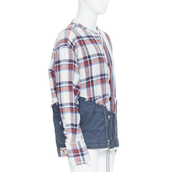 GREG LAUREN 50/50 White Plaid Navy Birdwell Studio Shirt deconstructed top S