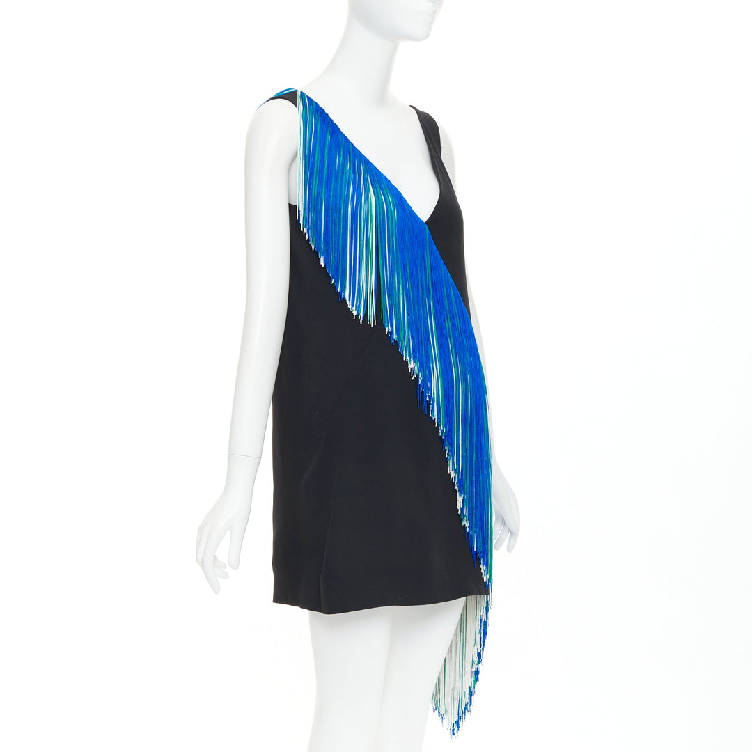 CHRISTOPHER KANE 2016 Runway Asymmetric Fringing Strip blue fringe dress UK8 S