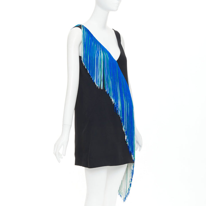 CHRISTOPHER KANE 2016 Runway Asymmetric Fringing Strip blue fringe dress UK8 S