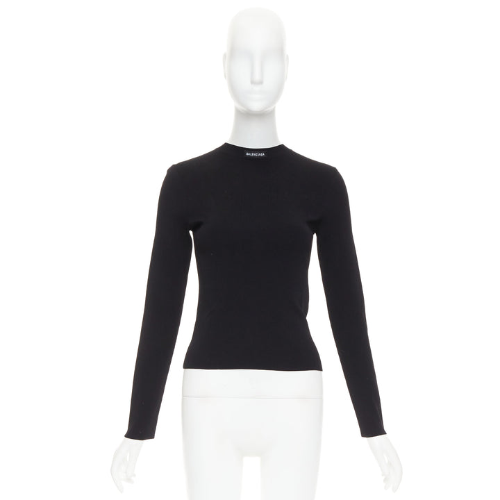 BALENCIAGA Demna 2021 black logo collar long sleeve crew neck pullover top S