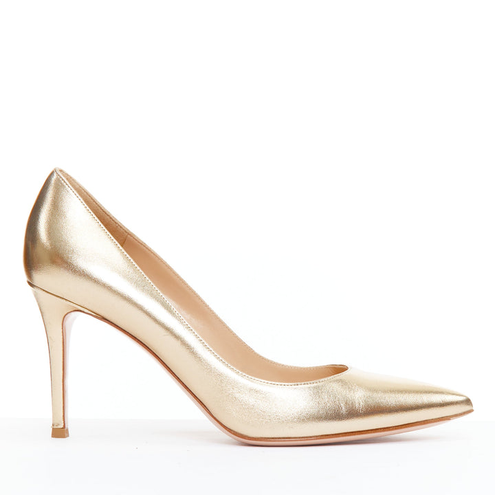 GIANVITO ROSSI metallic gold leather pointy pump heels EU39.5