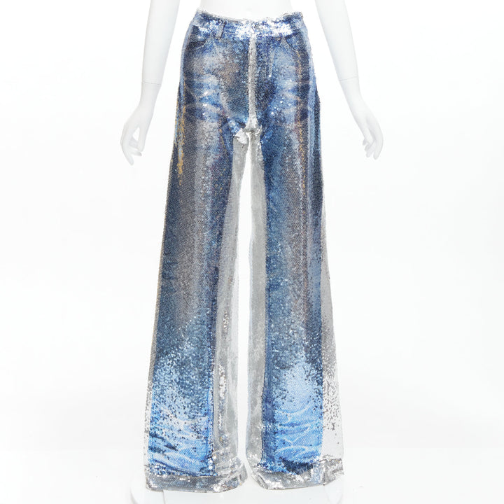 PONY STONE THAILAND silver blue tromp loeil jeans sequins wide leg pants US2 S