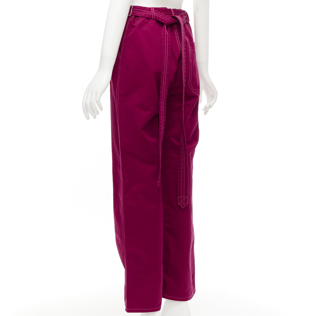 MARNI burgundy cotton linen topstitch belt waist wide leg pants IT38 XS
