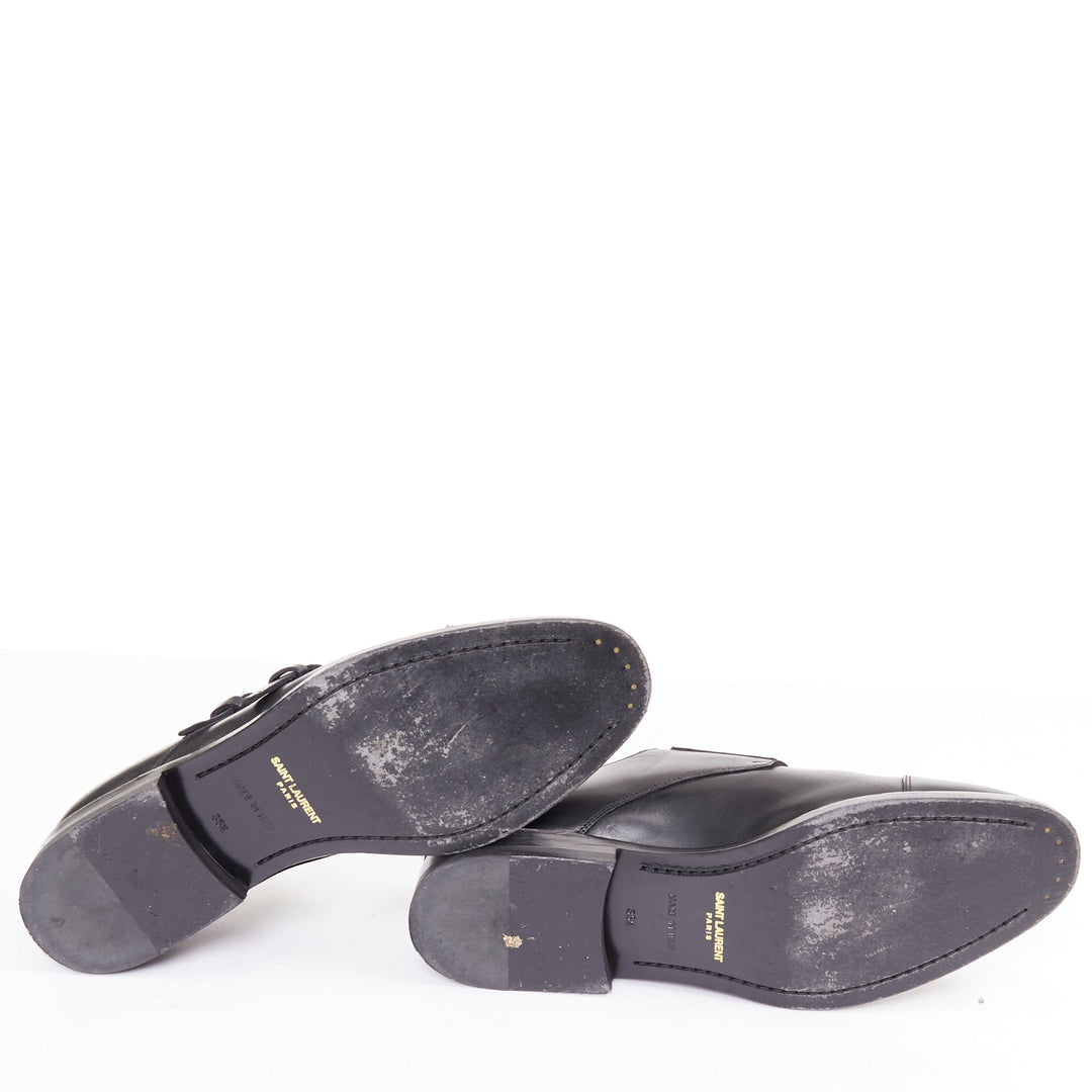 SAINT LAURENT black leather silver buckle double monk strap oxford shoes EU35.5