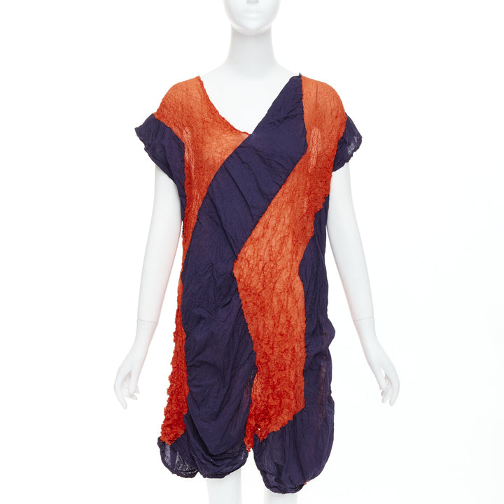 ISSEY MIYAKE orange navy graphic crinkled asymmetric short sleeve dress JP2 M