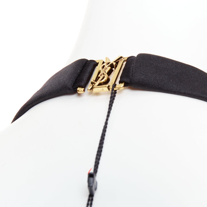 SAINT LAURENT 2022 Runway black halter sweetheart ruched catsuit bodysuit Sz 2 M