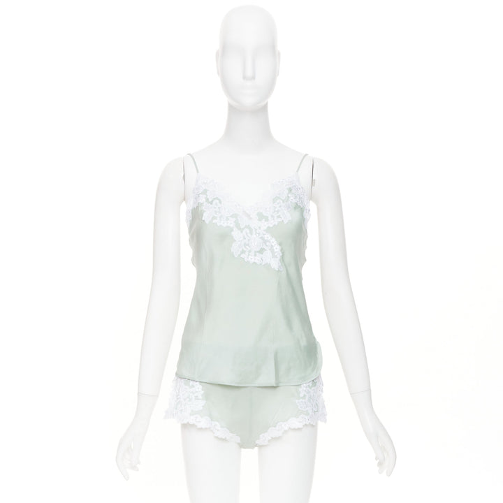 LA PERLA Maison pale green lace silk blend pajama camisole shorts set FR38 M