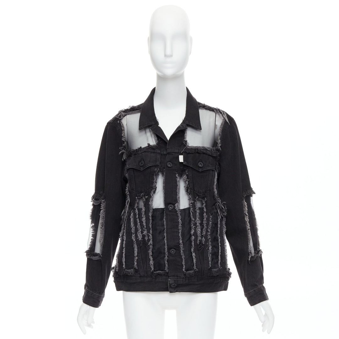 OFF WHITE black denim organza mesh panel frayed jacket XS