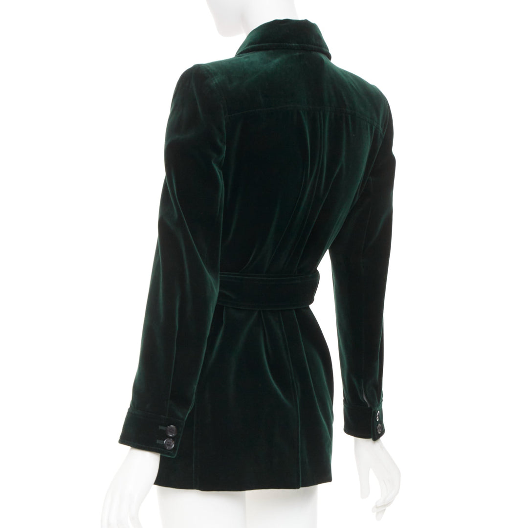 SAINT LAURENT 2025 Saharienne emeraude green belted cotton velvet jacket FR34 XS