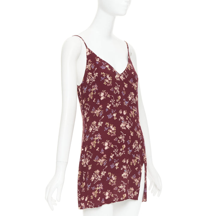 REFORMATION Marlowe burgundy viscose floral print high slit mini dress US0 XS