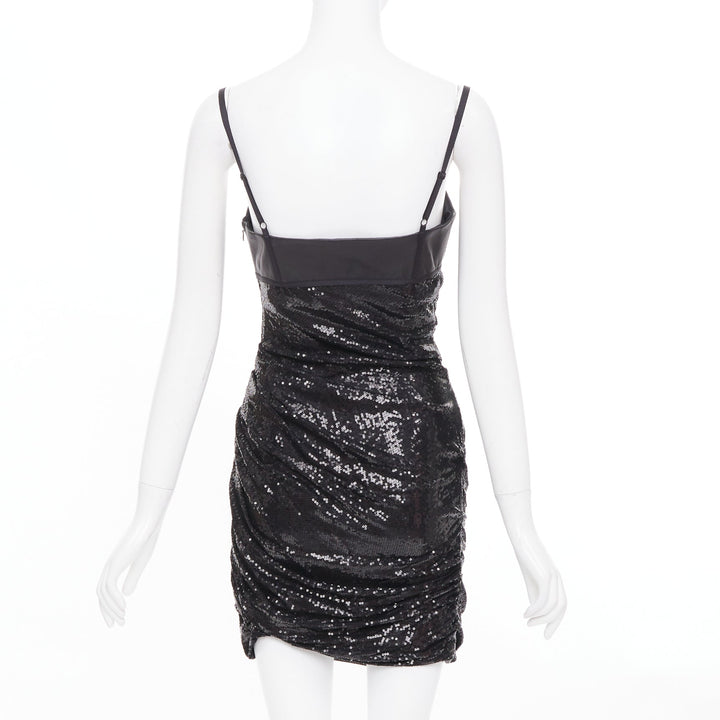 ALEXANDER WANG black lambskin leather Sequin Goddess ruched dress US4 S