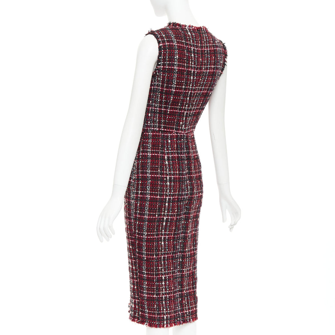ALEXANDER MCQUEEN 2018 red black tartan tweed front slit shift dress IT38 XS