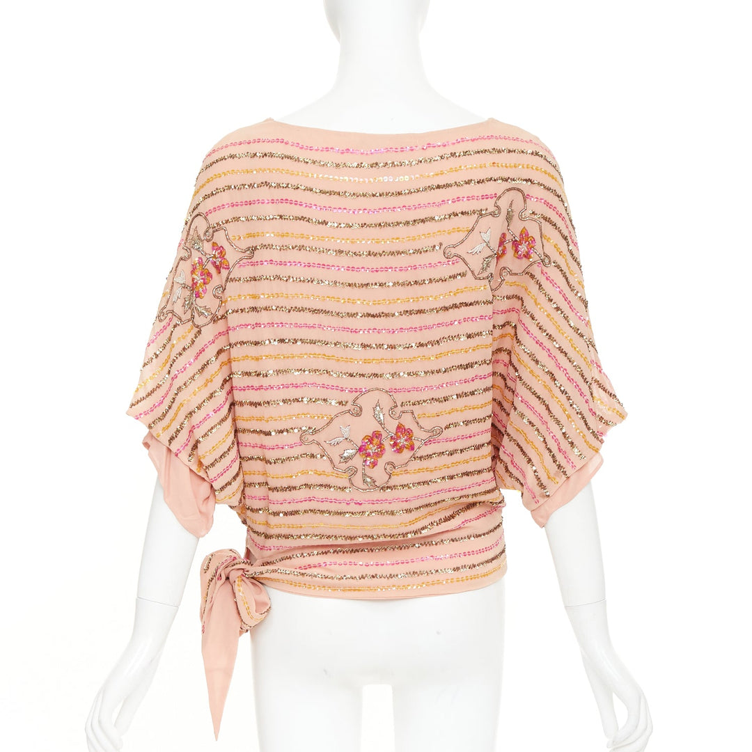 COLLETTE DINNIGAN blush pink 100% silk metallic sequin embellished lined top S