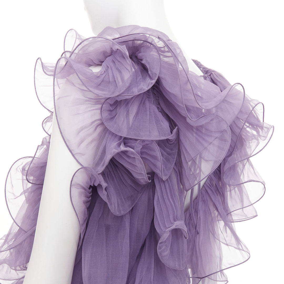 ALBERTA FERRETTI Vintage purple sheer silk tier ruffle evening gown dress IT40 S