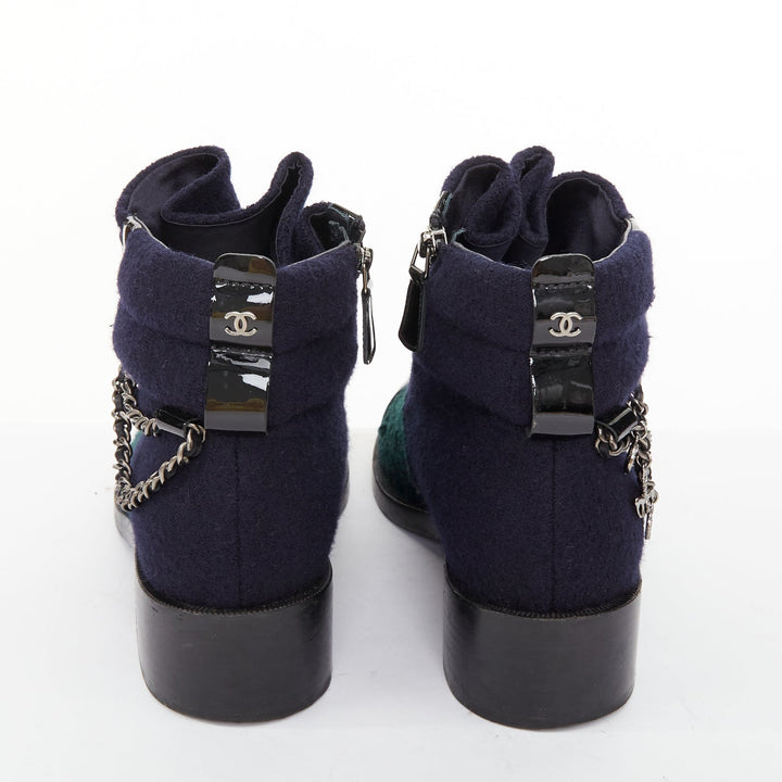 CHANEL 2015 Runway Paris Salzburg blue wool green tweed patent leather boot EU39