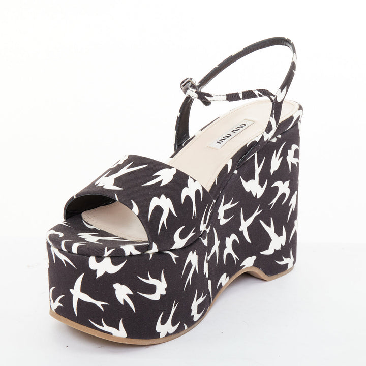 MIU MIU 2010 Runway swallow print navy canvas open toe platform wedge EU39