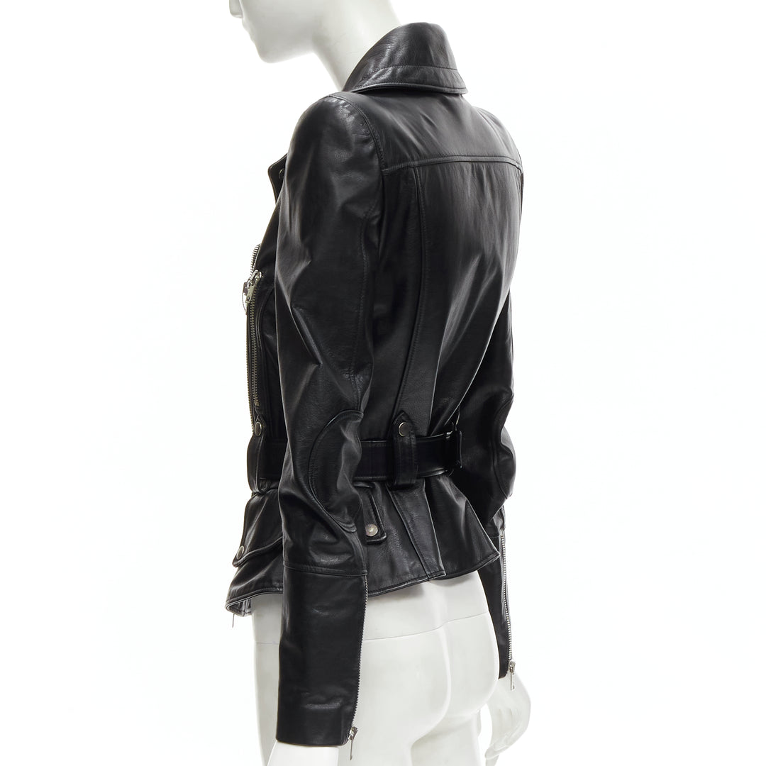 ALEXANDER MCQUEEN 2010 black leather belted peplum biker jacket IT38 XS