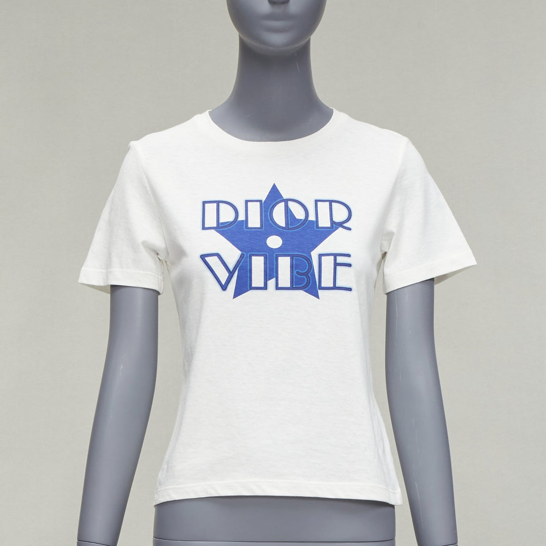 DIOR Vibe blue star logo graphic print white cotton linen short sleeve tshirt XS