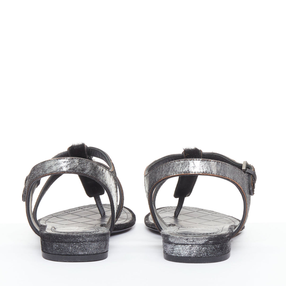 CHANEL black pony hair metallic leather CC charm T-strap thong flat sandals EU36
