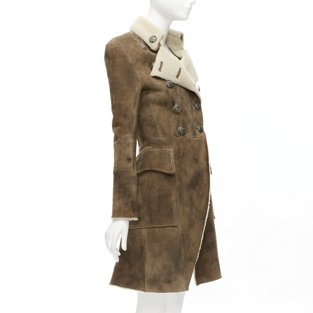 BALMAIN brown beige genuine lambskin shearling long fitted officer coat FR36 S